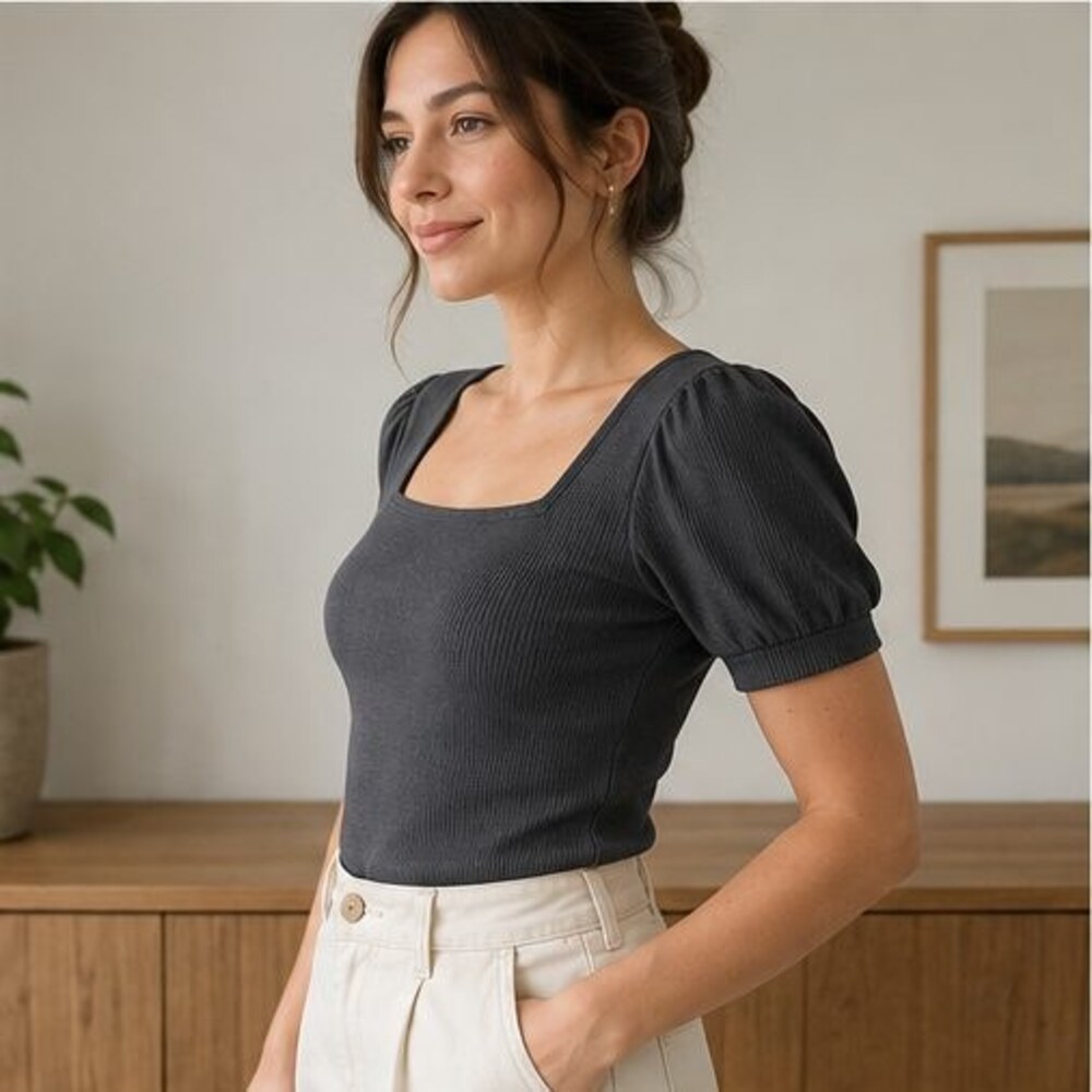 Charcoal Ribbed Square Neck Top - Picture 3 of 6